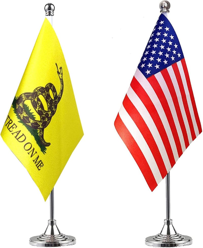 WXTWK 2 Pack American USA Don't Tread On Me Desk Flag Small Mini US Tea Party Snake Table Flags With Stand Base,United States Patriots Parades Festival Events Celebration Decorations - Image 1